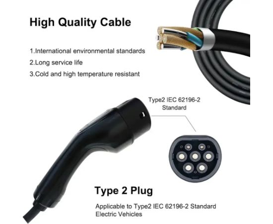 Evcharge EV Charge Pārnēsājamais Tipa 2 Lādētājs 5m 3.6 kW Regulējams 6A–16A 1-Fāzes IP65 Melns