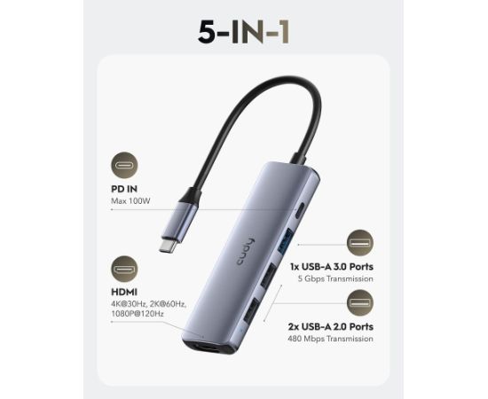Cudy UH405 PortMate USB-C 5-in-1 Hubs 4K HDMI USB-C PD USB-A 3.0 2.0 Alumīnija Pelēks