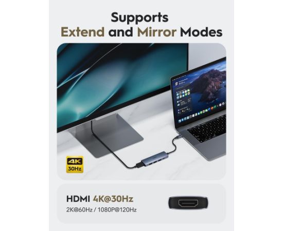 Cudy UH405 PortMate USB-C 5-in-1 Hubs 4K HDMI USB-C PD USB-A 3.0 2.0 Alumīnija Pelēks