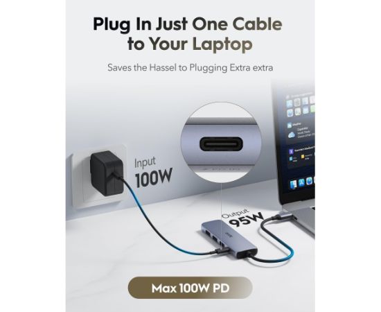 Cudy UH405 PortMate USB-C 5-in-1 Hubs 4K HDMI USB-C PD USB-A 3.0 2.0 Alumīnija Pelēks