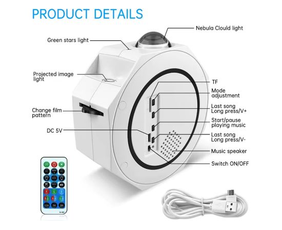 Elight O1 Octagon Lāzera Galaktikas Zvaigžņu Projektors ar Skaņu / Bluetooth Lietotnes Vadība & Tālvadība - Balts