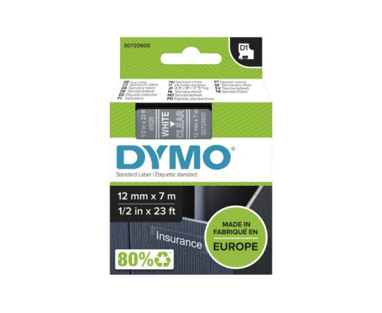 Dymo 45020 (S0720600) Label Tape 12mm x 7m, White on Transparent