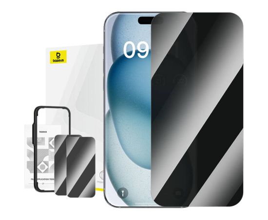 Privacy Tempered Glass Baseus Superior for iPhone 15 + 2x cleaning kit and EasyStick (clear)