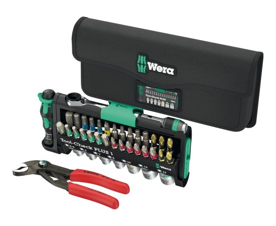 Wera Tool-Check Combi 1, with KNIPEX Cobra, bit set black/green, 40-piece, including 1/4" bit ratchet and water pump pliers