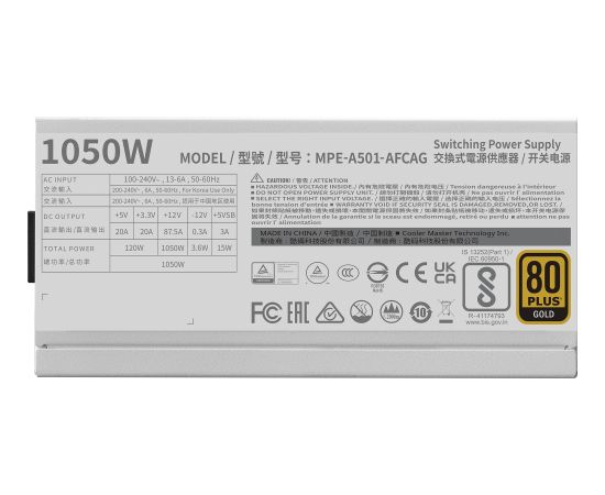 Cooler Master MWE 1050 V2 White, PC power supply white, 1x 12-pin high power GPU, 3x PCIe, cable management, 1050 watt