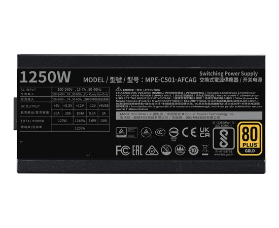 Cooler Master MWE 1250 V2 Black, PC power supply black, 1x 12-pin high power GPU, 3x PCIe, cable management, 1250 watts