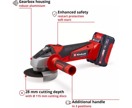 EINHELL Power X-Change cordless angle grinder TC-AG 18/115 Li Kit, 18 Volt red/black, Li-Ion battery 4.0 Ah