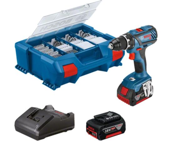 Bosch Professional Cordless Drill GSR 18V-28 Professional, 18 Volt blue/black, 2x Li-ion batteries 3.0Ah, 82-piece accessory set