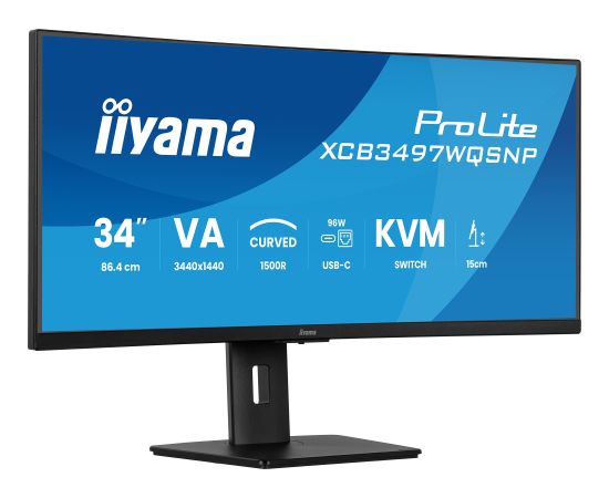iiyama ProLite XCB3497WQSNP-B1, LED-Monitor - 34 - black (matt, WQHD, VA, Curved, Adaptive-Sync, USB-C, USB-Hub, 120Hz panel
