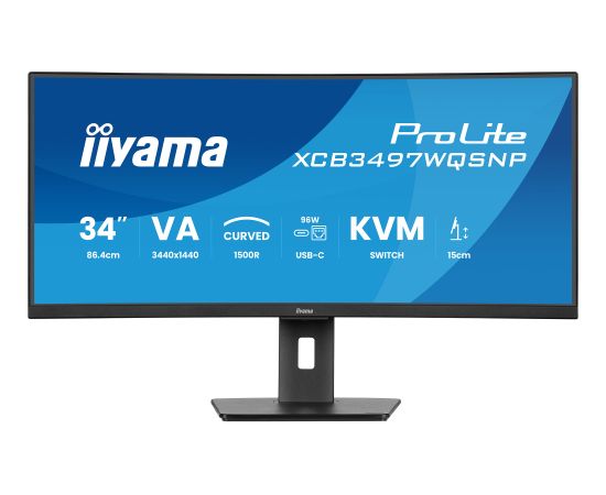 iiyama ProLite XCB3497WQSNP-B1, LED-Monitor - 34 - black (matt, WQHD, VA, Curved, Adaptive-Sync, USB-C, USB-Hub, 120Hz panel