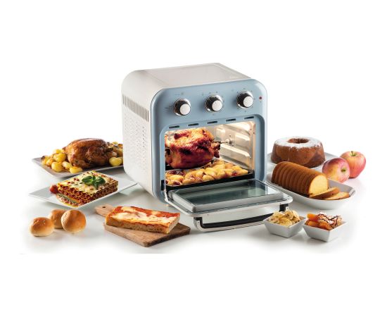 Ariete 3-in-1 Vintage Blue Air Fryer and Mini Oven (white/light blue, 1,350 watts, 16-liter cooking space, with viewing window)