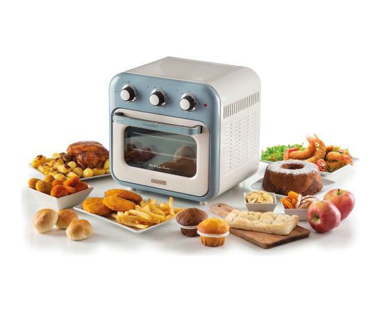 Ariete 3-in-1 Vintage Blue Air Fryer and Mini Oven (white/light blue, 1,350 watts, 16-liter cooking space, with viewing window)
