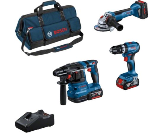 Bosch Cordless Combo Kit GSB 18V-45 + GWS 18V-10 + GBH 18V-22, hammer drill (blue, 2x Li-Ion battery 5.0Ah, 1x Li-Ion battery ProCORE18V 5.5Ah, tool bag)