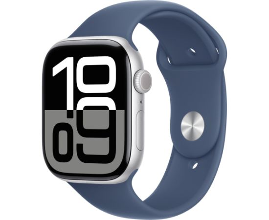 Apple Watch Series 10, Smartwatch (silver, aluminum, 46 mm, sports strap Denim S/M)
