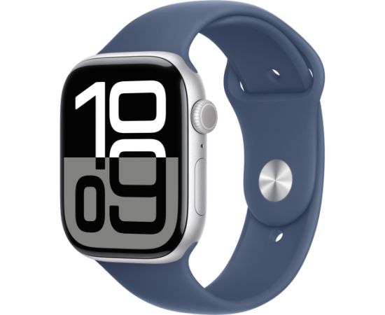Apple Watch Series 10, Smartwatch (silver, aluminum, 46 mm, sports strap Denim M/L, cellular)