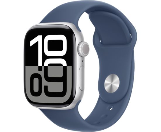 Apple Watch Series 10, Smartwatch (silver, aluminum, 42 mm, sports strap Denim M/L)