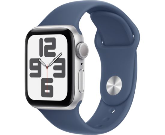 Apple Watch SE, Smartwatch (silver, Polar Star, aluminum, 40 mm, Denim Sport Band M/L)