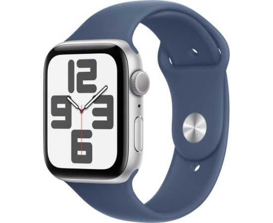 Apple Watch SE, Smartwatch (silver, aluminum, 44 mm, sports strap Denim M/L)