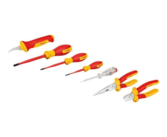 Bosch VDE tool set mixed, 7-piece (red/yellow, side cutters, needle-nose pliers, 4 screwdrivers, stripping knife)