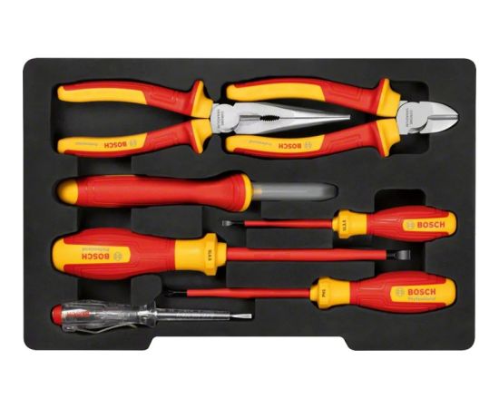 Bosch VDE tool set mixed, 7-piece (red/yellow, side cutters, needle-nose pliers, 4 screwdrivers, stripping knife)