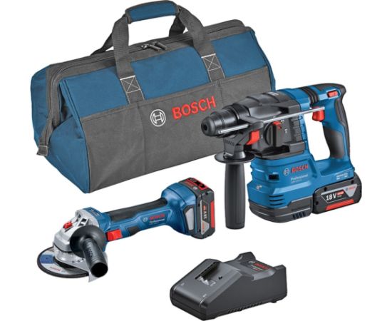 Bosch combo set cordless angle grinder GWS 18V-7 + cordless hammer drill GBH 18V-22, tool set (blue, 2x Li-ion battery 4.0Ah, tool bag)