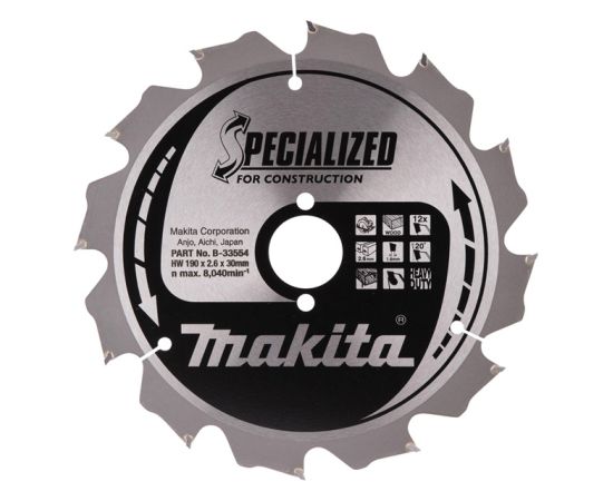 Griešanas disks kokam Makita B-33554; 190x2,6x30 mm; T12; 20°