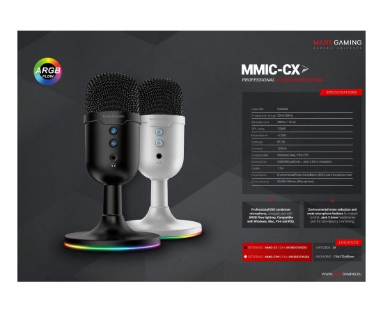 Mars Gaming MMICCXW High Definition ENC Galda kardioīdais mikrofons USB / ARGB