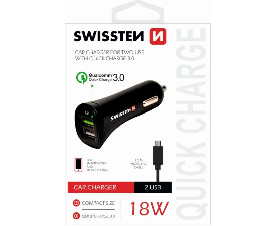 Swissten Quick Charge 3.0 Auto Lādētājs 12 / 24V / 2.4A / 18W + Micro USB vads 1.5m
