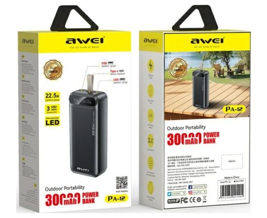 AWEI PowerBank PA-12 30000mAh 22,5W melns