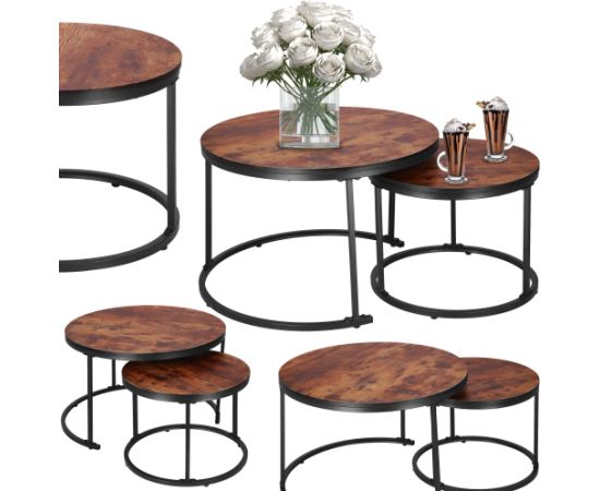 Loft stila kafijas galdiņu komplekts Springos HF0034, 2 gab., tērauda, industriālais dizains, apaļi, Ø 70 cm / 39,5 cm
