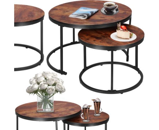 Loft stila kafijas galdiņu komplekts Springos HF0034, 2 gab., tērauda, industriālais dizains, apaļi, Ø 70 cm / 39,5 cm