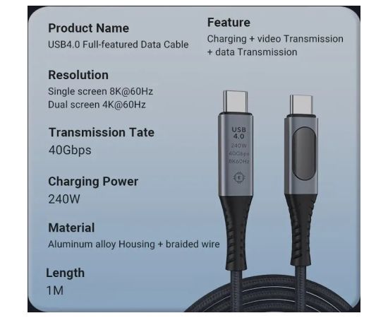 RoGer PD24VB USB-C 4.0 Кабель с вольтметром PD240W / 40Gbps / 8K60Hz / 1m