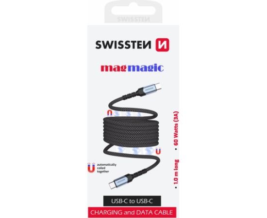 Swissten Magnētiskais Paštinošais USB-C Datu Kabelis 60W 1m
