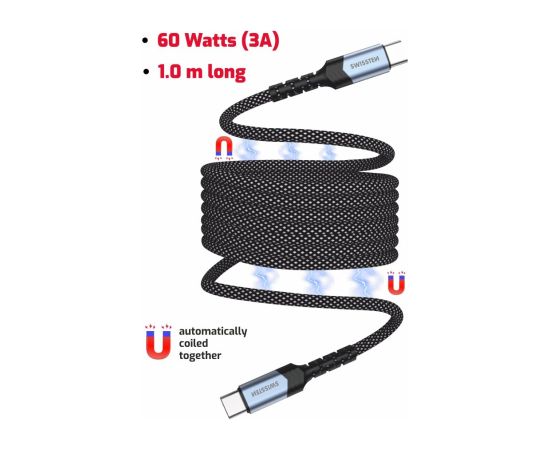 Swissten Magnētiskais Paštinošais USB-C Datu Kabelis 60W 1m