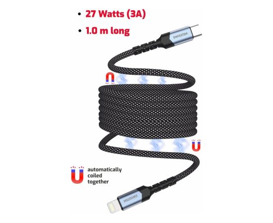Swissten Magnētiskais Paštinošais USB-C / Lightning Datu Kabelis 1m