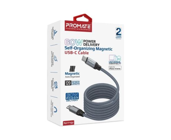 Promate Springy Magnētiskais vads USB-C 60WPD / 1,2m