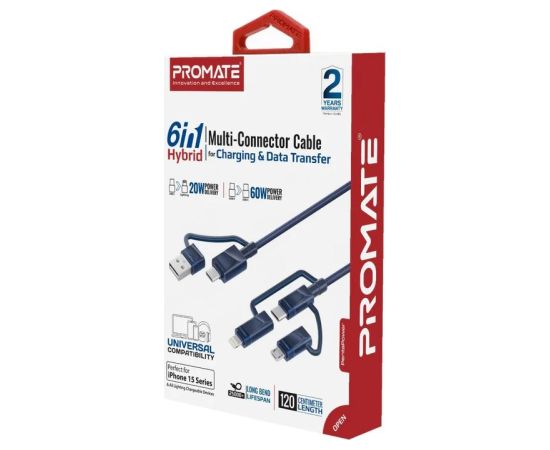 Promate PentaPower Universāls kabelis 6-in-1 USB-C(A) / micro / Lightning / 1,2m