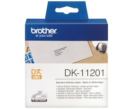 Uzlīmju lenta BROTHER DK11201 29x90 mm, melni burti uz balta papīra