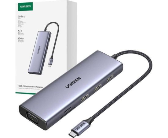 Ugreen Hub USB-C CM498, 3x USB 3.0, HDMI 4k 30Hz, VGA, RJ45, SD/TF, PD 100W