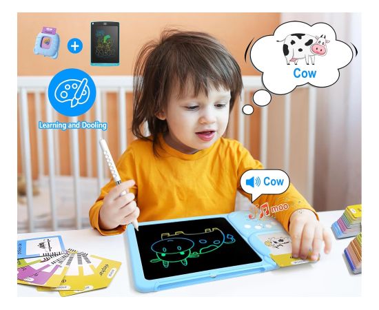 Kiddyz mācību planšete ar 112 kartītēm un LCD tāfeli – USB uzlādējama rotaļlieta bērniem vecumā no 3 līdz 8 gadiem, zils