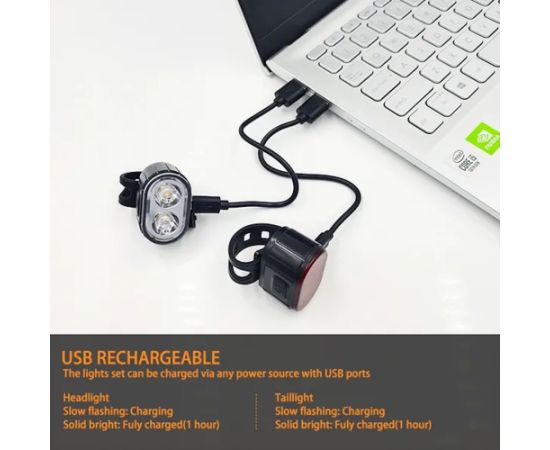 Elight USB uzlādējama LED velosipēda priekšējais un aizmugurējais gaismu luktura, melns