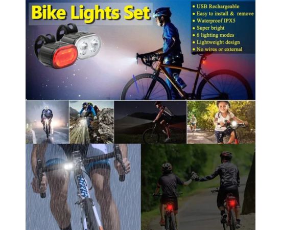 Elight USB uzlādējama LED velosipēda priekšējais un aizmugurējais gaismu luktura, melns