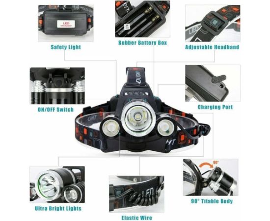 Elight Перезаряжаемая LED Налобная Лампа 3-Луча 1000lm T6 + XPE Черная