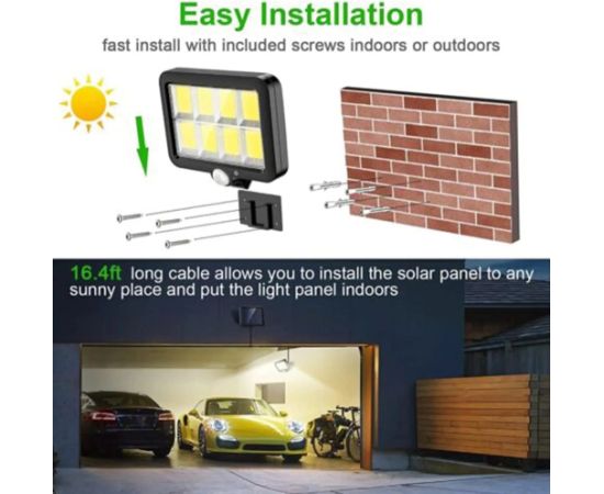 Elight saules enerģijas āra sienas lampa ar 120 COB LED gaismas diodēm – kustību sensors (PIR), 5 m kabelis, izturīgs ABS korpuss, melns