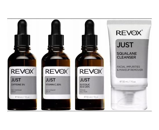 Dermalogica Skin Brightening Set Revox B77: Just, Caffeine 5%, Anti-Dark Circles, Day, Eye Serum, 30 ml + Just, Vitamin C 2%, Anti-Oxidant, Serum, For Face, 30 ml + Just, Glycolic Acid 20%, Toning, Serum, For Face, 30 ml + Just, Squalane, Eliminates Impur