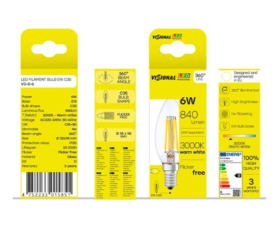 Visional C35 LED Лампа с нитью E14 6W 3000K 840lm Прозрачное стекло 220–240V RA>80