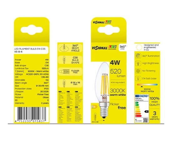 Visional C35 LED Filament Bulb E14 4W 3000K 520lm Caurspīdīga Stikla 220–240V RA>80