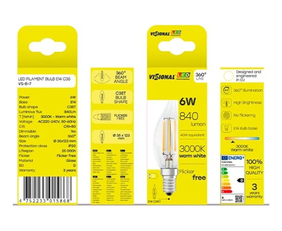 Visional C35T LED Лампочка Филамент E14 6W 3000K 840lm Прозрачное стекло 220–240V RA>80