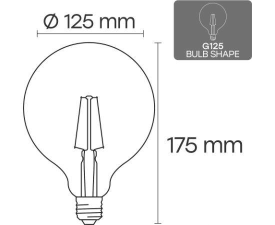 Visional G125 LED Filament Spuldze E27 12W 3000K 1320lm Dimmerama Dzintara Stikls 220–240V RA>80