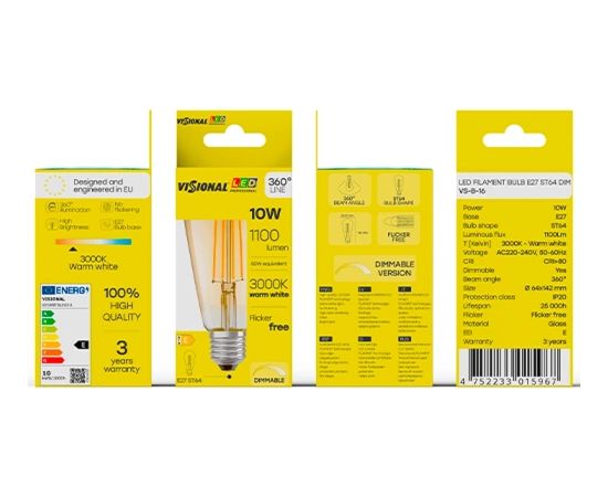 Visional ST64 LED Filament spuldze E27 10W 3000K 1100lm dzintara stikls regulējama 220–240V RA>80